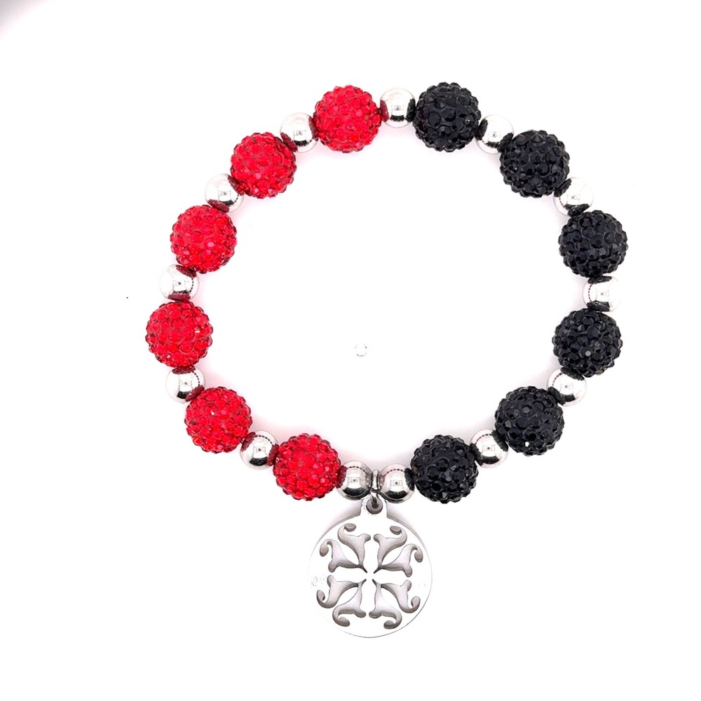 Rustic Cuff Red and Black Pave Disco Ball Bead Stretch Bracelet with Charm